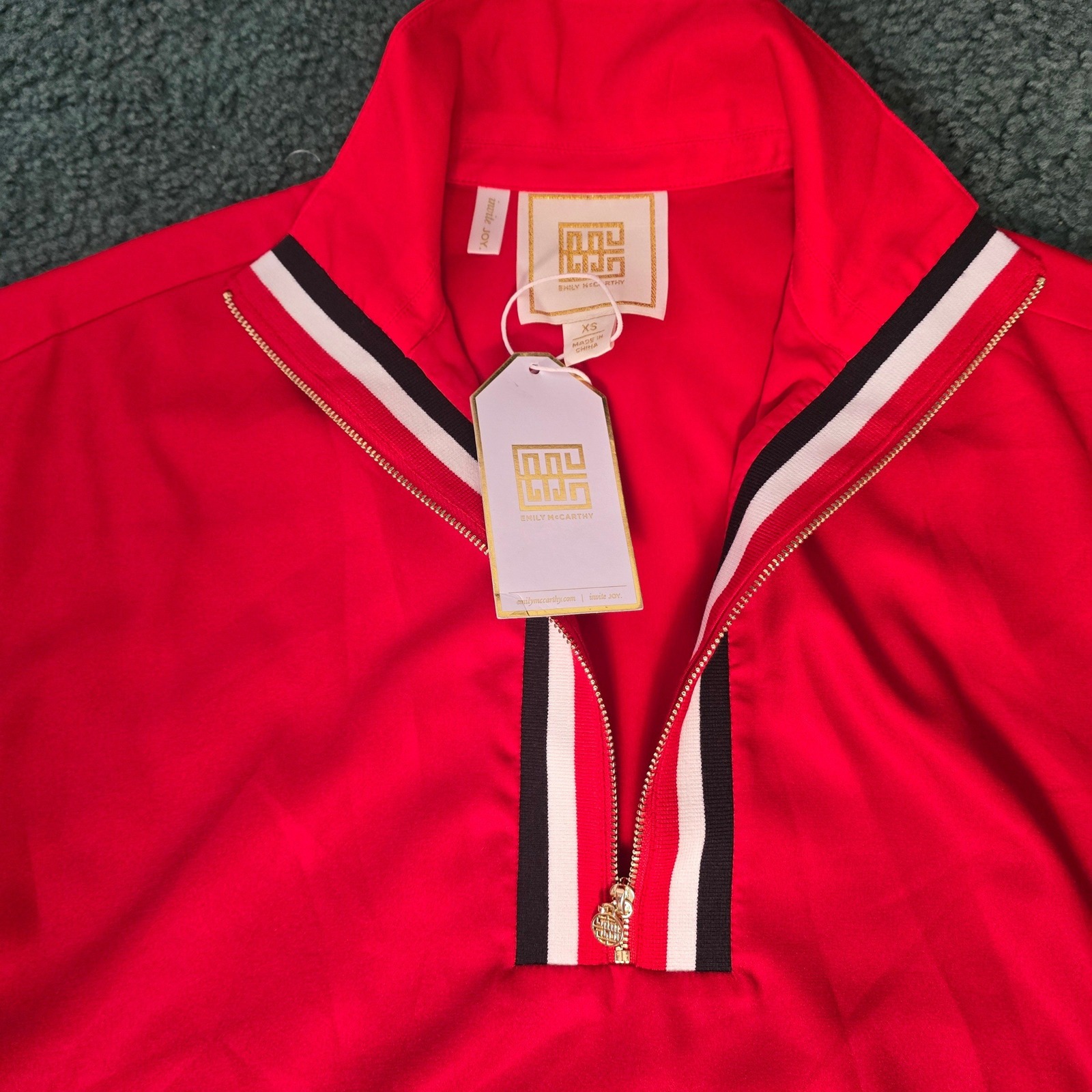 Emily Mccarthy Womens Poppy Pullover Red Varsity Ombre Quarter Zip Top Xs Nwt